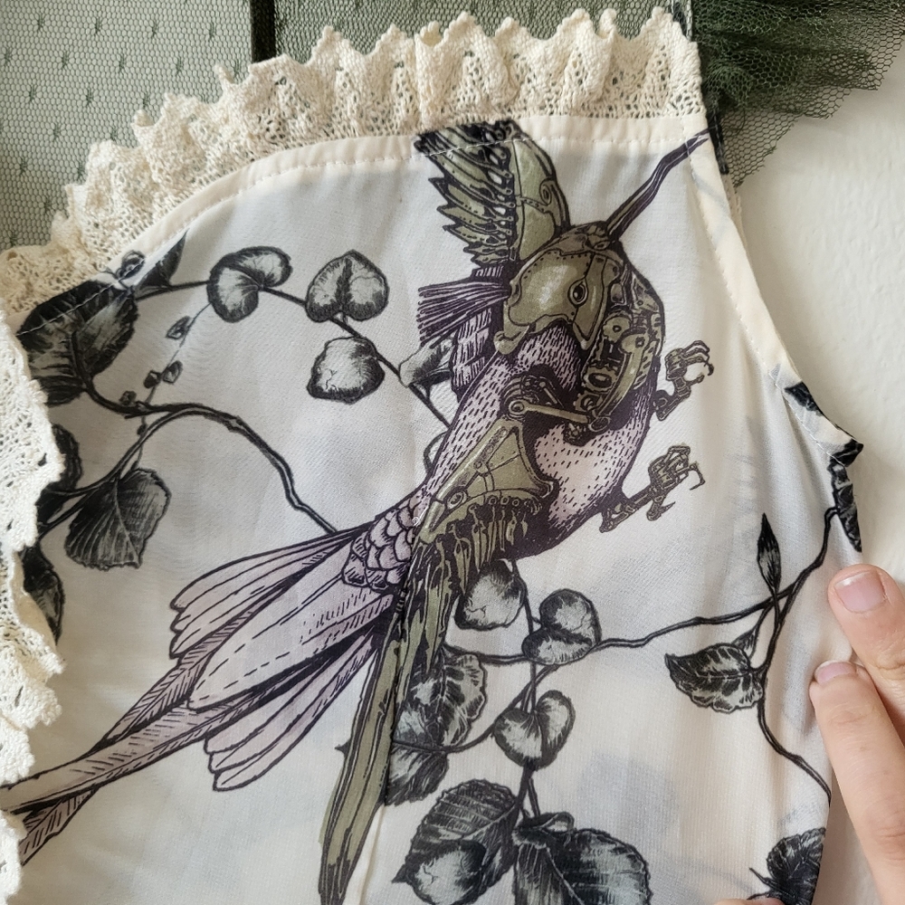 Lip Service Mechanique Menagerie Gothic Victorian Ivory Green Chiffon Blouse M - Picture 4 of 8